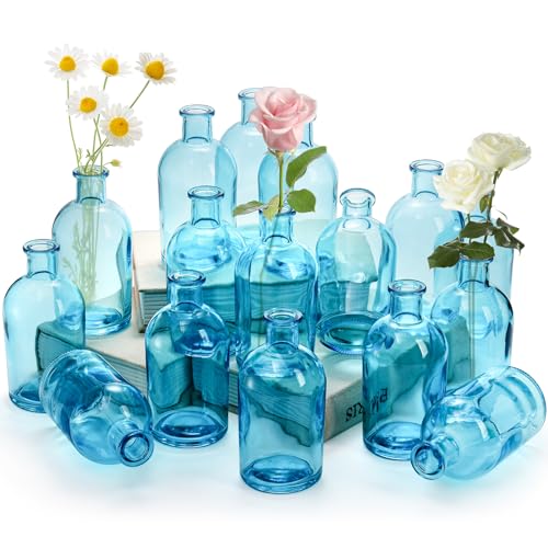 YOUEON 16 Stück Blaue Glasvasen, 250 ml Lebende Knospenvasen, Kleine Glasvasen für Blumen, Dekorative Glasflaschen, Vintage Blumenvasen für Tischschmuck, Hochzeitsempfang, Heimdekoration, Büro von YOUEON