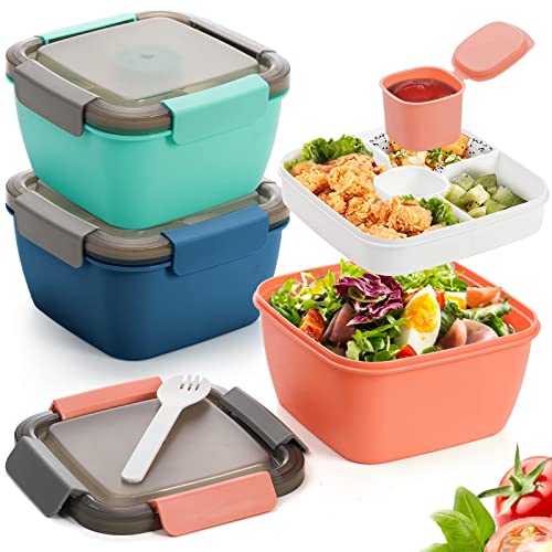 YOUEON 3 Stück 1500 ml Salat-Lunch-Behälter zum Mitnehmen mit 3 Fächern, Btragbarer Salatbehälter mit Löffel, Dressing-Tasse für Mittagessen, Salatbeilagen, Snacks, Obst, 3 Farben von YOUEON