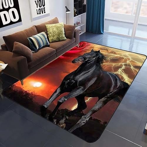 YOUOUSI 3D-Druck Tier Pferd schwarz Kinderzimmer Teppich Junge Schlafzimmer Anti-Rutsch-Matte Badezimmer Heimdekoration Spiel Krabbelbodenmatte von YOUOUSI