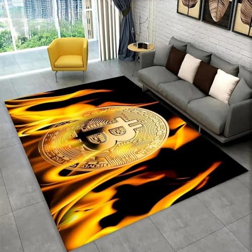 YOUOUSI Flame Bitcoin großflächiger Teppich für Zuhause, Wohnzimmer, Kinderzimmer, Sofa, Türmatte, Dekoration für Kinder, Rutschfester Boden von YOUOUSI