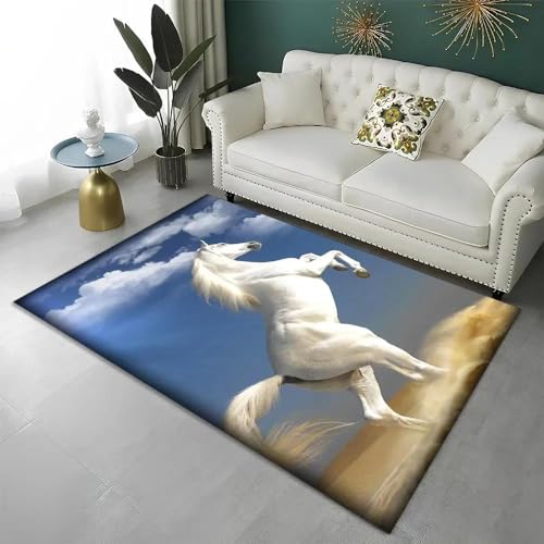 YOUOUSI Springendes Tierpferd, weißer moderner Teppich, Raumdekoration, Heimmatte, maschinenwaschbarer großer Teppich für Schlafzimmer von YOUOUSI
