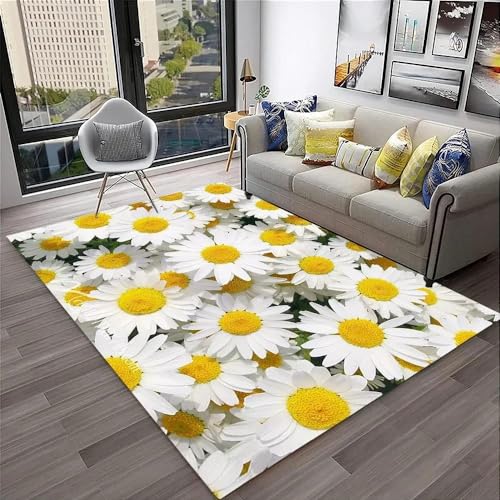 YOUOUSI Weißer Gänseblümchen-Pflanzen-Blumen-Teppich für Wohnzimmer, Küche, Schlafzimmer, Sofa, Heimdekoration, Fußmatte, Kinderboden, Anti-Rutsch-Matte, Geschenk von YOUOUSI