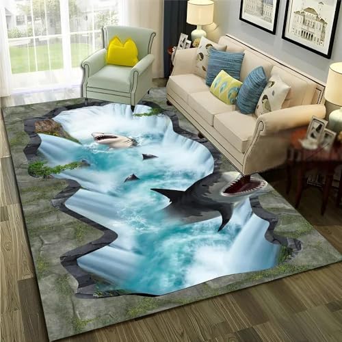 YOUSHIHUI 3D Illusion Shark Anti-Rutsch-Teppich Wohnzimmer Großer Teppich Komfortteppich Weicher Bodenteppich von YOUSHIHUI