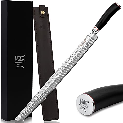 YOUSUNLONG Ultimatives Sakimaru-Messer 15 Zoll (380 mm) japanisches Filetmesser aus Damaszenerstahl Geeignet zum Schneiden von Thunfisch und Lachs-Natürlicher Ebenholzgriff mit Lederscheide von YOUSUNLONG
