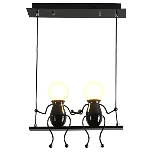 YOXANG Kreativ LED Pendelleuchte Decke Modern Doppelt Kleine Leute Hängelampen Einstellbar Hängende Lichter Esszimmer Eisen Karikatur Puppe Kronleuchter Deckenleuchten 2×E27 Backfarbe Schwarz von YOXANG