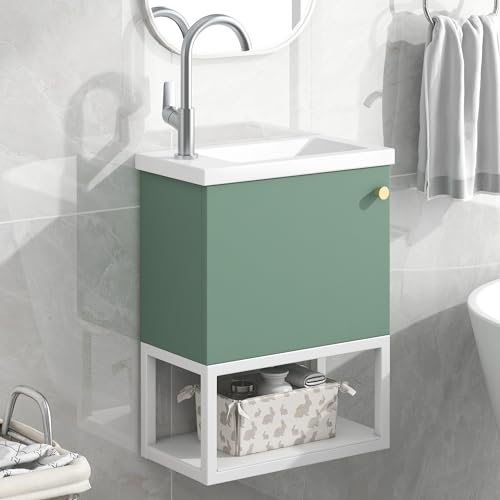 YOZHIQU Badmöbel Waschbecken mit Unterschrank 40 cm breit,Waschtischunterschrank Hängend mit Schließfach und offenem Stauraum,waschbeckenunterschrank klein,gäste wc,Erhältlich in Weiß und Grün (Grün) von YOZHIQU