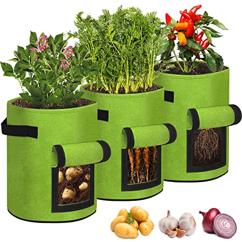 YRHome 3 Stück Pflanztasche Kartoffeln Pflanzen Tasche 10 Gallonen Pflanzsack Kartoffelsack Pflanzbeutel Vliesstoff Tomaten Pflanztopf mit Klettfenster Griffen für Blumen Kartoffeln Pflanzen Grün von YRHome