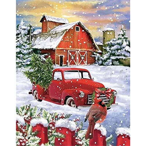 YSCOLOR Diamant Painting 5D Diamant Malerei Kits Für Erwachsene Kinder Weihnachten Roter Lkw Kardinal Winter Rustikal Vertikal Frohe Weihnachten Vollbohrer 30x40cm von YSCOLOR