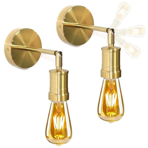 YSGUYILT 2 Stücke Wandleuchte Innen Vintage Wandlampe Gold E27 Metall Wandlampe Industrial 180° Verstellbare für Schlafzimmer Wohnzimmer Flur Cafe Bar Restaurant Hotel (Ohne Leuchtmittel) von YSGUYILT