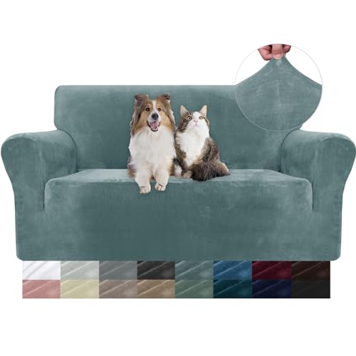 YSTELLAA Sofa Überzug Samt 2 Sitzer, Stretch Sofabezug, Sofaschoner rutschfest, Elastischer Sofa Bezug, Sofa Cover Mit Armlehnen, Bezug Sofa Sofaschutz Katze Couchschoner Sofa Decken, Graublau von YSTELLAA