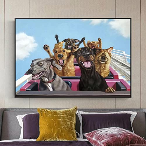 YTITILUCK Wandbilder mit RahmenLustiger Hund Familie Spielen Achterbahn Wandbild Retro Poster Tier Leinwand Gemälde Für Kinderzimmer Dekor 30x45cm(12x18in) Innenrahmen von YTITILUCK