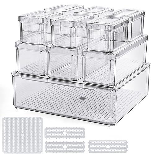 YTOPRO 14er Set 10 Kühlschrank Organizer mit Deckel und 4 Abtropfbrett Durchsichtig Stapelbare Aufbewahrungsbox Kühlschrankbox für Küche behälter Aufbewahrung und Organisation von YTOPRO