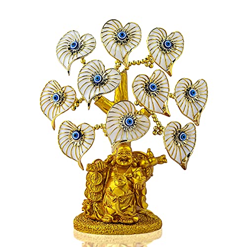 Blauer böser Blick Geldbaum mit bemaltem goldenem Buddha-Statue, weiße künstliche Blumen, Heimbüro, Schutz, Dekoration, Feng Shui Ornament von YU FENG