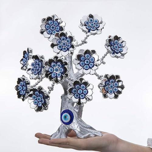 YU FENG Silber-weiße Blumen Baum mit türkisch-blauen bösen Blicken, Amulett, Tischdekoration, Dekoration für Zuhause, Büro, Dekoration, Schutz, Geschenk von YU FENG