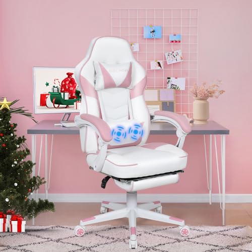 YU YUSING Gaming Stuhl Bürostuhl mit Fußstütze, Racing Stuhl Massage Ergonomisch, Drehbar Hochenverstellbar, 90-150°Rückenlehne Verstellbar, Abnehmbare Kopfstütze, Lendenkissen (Weiß und Rosa) von YU YUSING