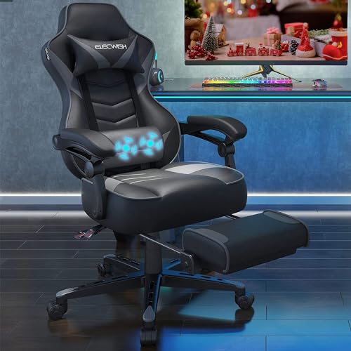 YU YUSING Gaming Stuhl Bürostuhl mit Fußstütze, Racing Stuhl Massage Ergonomisch, Drehbar Hochenverstellbar, 90-150°Rückenlehne Verstellbar, Abnehmbare Kopfstütze, Lendenkissen (Schwarz & Grau) von YU YUSING