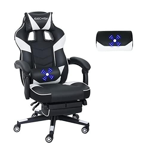 YU YUSING Gaming Stuhl Bürostuhl Massage, Racing Gamer Stuhl, Drehsessel Hochenverstellbar mit Fußstütze,Abnehmbare Kopfstütze, 90-150° Rückenlehne Verstellbar,Lendenkissen, Ergonomischer (Weiß) von YU YUSING