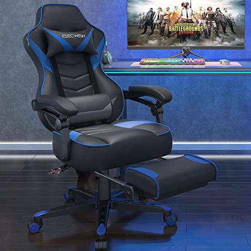 YU YUSING Gaming Stuhl Bürostuhl mit Fußstütze, Racing Stuhl Massage Ergonomisch, Drehbar Hochenverstellbar,90-150°Rückenlehne Verstellbar, Abnehmbare Kopfstütze, Lendenkissen (Schwarz & Blau) von YU YUSING