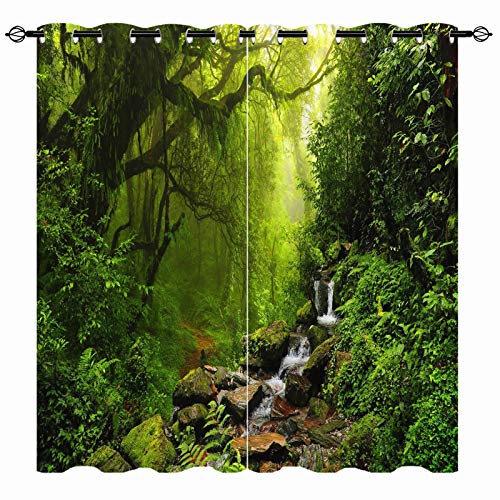 YUANZU Natur Vorhänge Wald Grünes Dschungel Wasserfall Ösen Gardinen mit Blickdichte Thermo Vorhang Kälteschutz Blackout Curtain Wohnzimmer Schlafzimmer Verdunkelung Fenster, 2 Stück, H 213 x B 200 cm von YUANZU