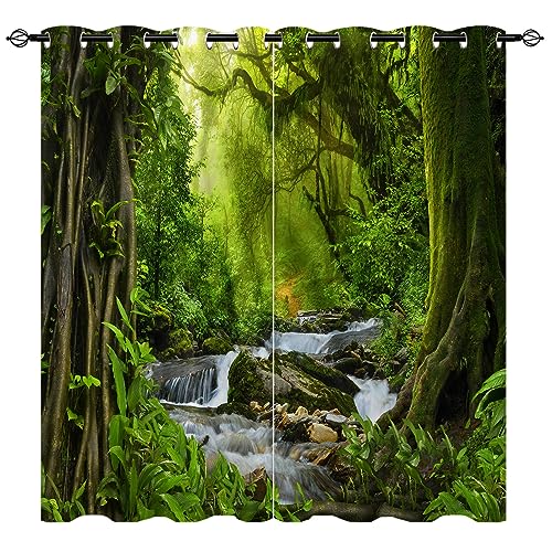 YUANZU Wald Vorhänge Natur Tropischer Dschungel Fluss Regenwald Wasserfall Ösen Gardinen mit Blickdichte Blackout Curtain Wohnzimmer Schlafzimmer Verdunkelung Fenster, 2 Stück, H 260 x B 200 cm von YUANZU