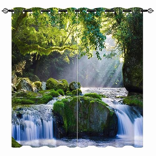 YUANZU Wasserfall Vorhänge Natur Tropischer Wald Bäume Gras Ösen Gardinen mit Blickdichte Vorhang Kälteschutz Blackout Curtain Wohnzimmer Schlafzimmer Verdunkelung Fenster, 2 Stück, H 245 x B 200 cm von YUANZU