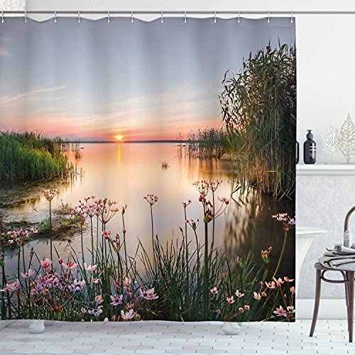 YUAOEUR Landschaft Foto Garten Vorhang 3D Duschvorhang Natur Landschaft Sonnenuntergang am See Ausblick Frühling Blumen Grün Gras Landschaft Badezimmer Dekoration Vorhänge mit Haken 180 cm Grün Rosa von YUAOEUR