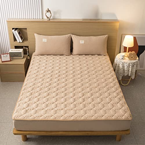 Yudeyu 3-teiliges Set Spannbettuch Tagesdecke Kissenbezug Gesteppte Schicht Gewaschener Baumwollstoff Matratzenschoner Topper Bettdecke (Farbe : Khaki, Größe : 180x200 cm/High 25cm) von YUDEYU-chuangpin