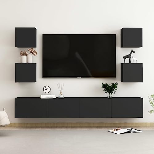 YUHI-HQYD 6-TLG. TV-Schrank-Set,Hängeschränke,TV-Wand,Medien Schränke,Aufbewahrungsschränke,TV-Möbel,Wanddekoration,Korridor Kabinett,für Wohnzimmer,Arbeitszimmer,Schwarz Holzwerkstoff von YUHI-HQYD