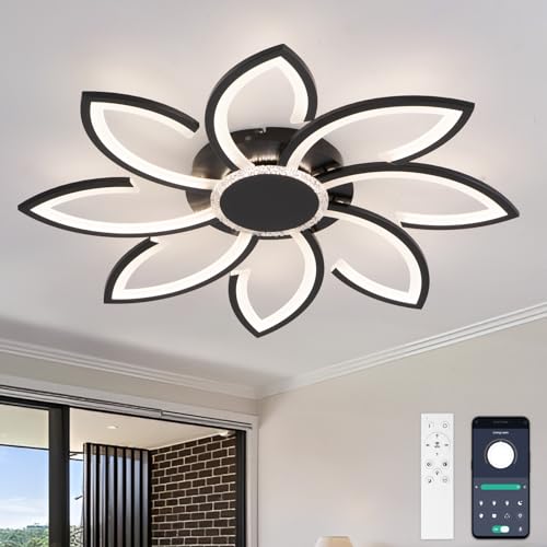 YUNLONG Wohnzimmerlampe Decke Modern Led Dimmbar, 80 cm Deckenlampe Wohnzimmer Groß, 98W, 8000LM, Deckenleuchte mit Fernbedienung Blumen Form Design, für Büro, Schlafzimmer, Schwarz von YUNLONG