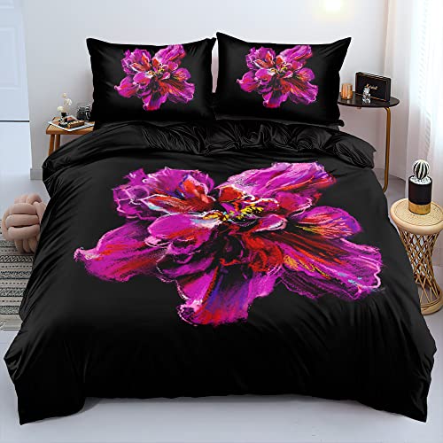 Chanyuan Bettwäsche 200x220cm Blumen Lila Rot Muster Mädchenbettwäsche Set Weich Mikrofaser Blume Schwarz Bettbezug mit Reißverschluss und Kissenbezug 80x80cm von YUTNSAN