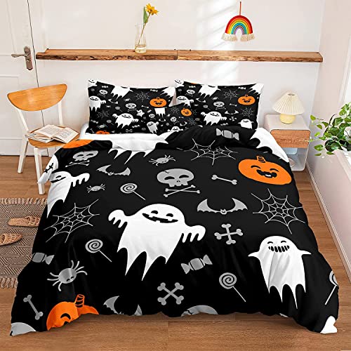 Chanyuan Bettwäsche Halloween 135x200cm Kürbis Laterne Geist Schläger Muster für Kinder Jungen Mädchen Weich Mikrofaser Schwarz Bettbezug mit Reißverschluss und Kissenbezug 80x80cm von YUTNSAN