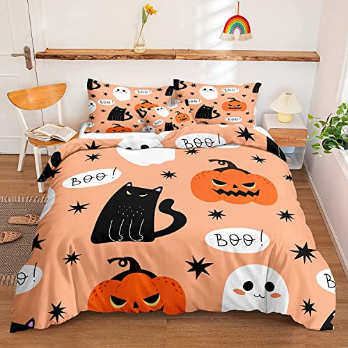 Chanyuan Bettwäsche Halloween 135x200cm Kürbis Laterne Katze Muster für Kinder Jungen Mädchen Weich Mikrofaser Orange Schwarz Bettbezug mit Reißverschluss und Kissenbezug 80x80cm von YUTNSAN