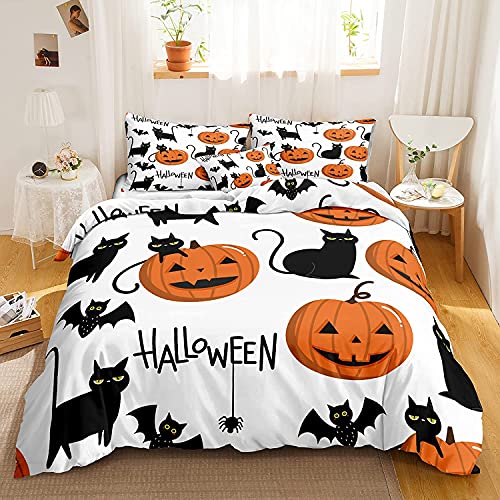 Chanyuan Bettwäsche Halloween 155x220cm Orange Kürbis Laterne für Kinder Jungen Mädchen Mikrofaser Schwarz Katze Schläger Muster Weiß Bettbezug mit Reißverschluss und Kissenbezug 80x80cm von YUTNSAN