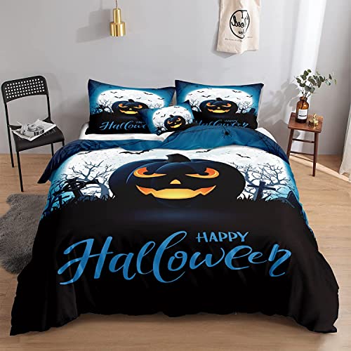 Chanyuan Bettwäsche Halloween Thema 155x220cm Kürbis Laterne Muster für Kinder Jungen Mädchen Weich Mikrofaser Blau Schwarz Bettbezug mit Reißverschluss und Kissenbezug 80x80cm von YUTNSAN