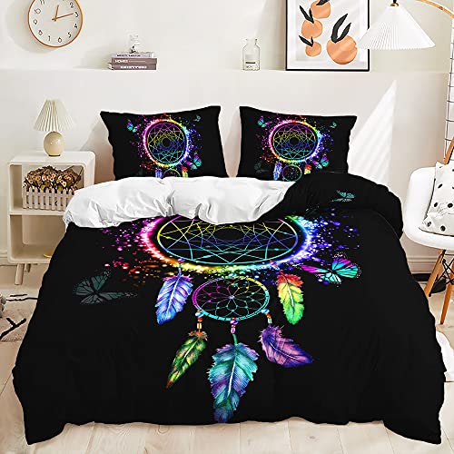 Chanyuan Bettwäsche Traumfänger 200x200cm Fluoreszierend Feder Schmetterling Muster 3 Teilig Mädchenbettwäsche Kinderbettwäsche Mikrofaser Schwarz Bettbezug Exotisch Boho mit Reißverschluss von YUTNSAN