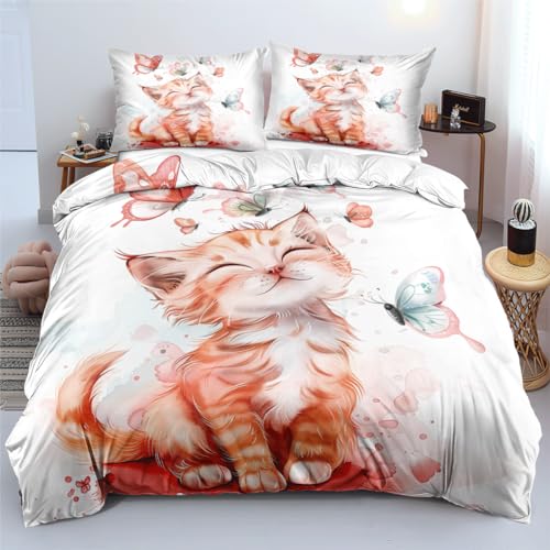 YUTNSAN Katze Bettwäsche 135x200cm 3D Druck Schmetterling Orange Cat Muster Bettbezug Weiß Mikrofaser mit Reisverschluss und Kissenbezug 80x80cm von YUTNSAN