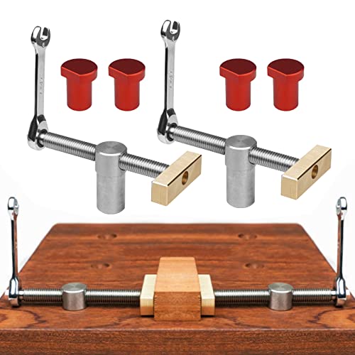 2 x Tisch-Werkbank-Klemme, schnell befestigt, mit 4 Bankhunden, Holzbearbeitung, Schreibtisch-Clip, DIY-Positionierung, Bankstopp und Schnellklemmen für 19 mm/20 mm Hundeloch (20 mm rot) von YWNYT