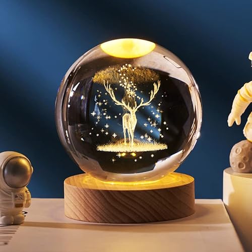 YY YITIKA 3D-Kristallkugel, Nachtlicht, Projektionslampe, Planetenmodell, 3D-Kristallkugel mit LED-Holzsockel für Weihnachten, Erntedankfest, Geburtstag, Heimdekoration, LED-Nacht (6CM, Hirsch Wald) von YY YITIKA