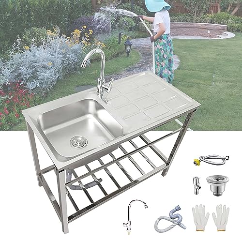 Freistehende Edelstahl-Waschbecken Mit Wasserhahn, Für Waschküche, Garten, Garage, Spülbecken Küchenspüle, Outdoor Spüle Mit Werkbank Und Lagerregalen, Einfach Zu Montieren ( Size : 100x50xH75cm ) von YYDPSHH