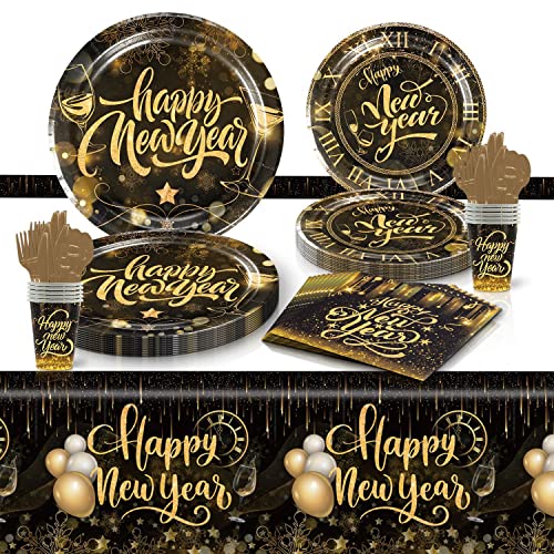 YaYuanSun 81Stück Neujahrsgeschirr-Set Schwarz-Gold Silvestergeschirr Neujahrs-Papierteller Servietten Tassen für NYE-Dekorationen 2024 Silvesterparty-Zubehör 2024 von YaYuanSun