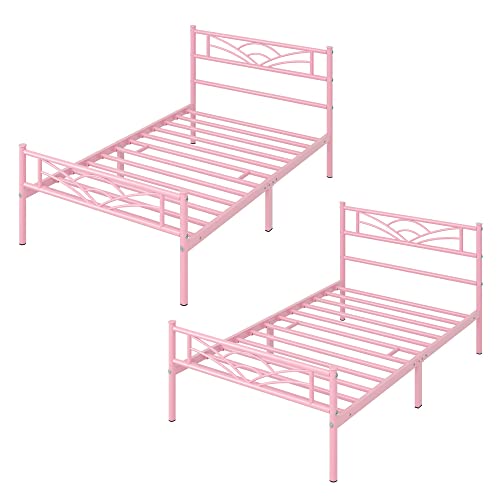 Yaheetech 2er-Set Metallbett Bettrahmen Bettgestell mit Lattenrost Einzelbett Singlebett Gästebett 90 x 190 cm/Hellrosa von Yaheetech