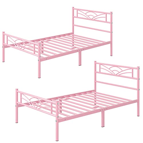 Yaheetech 2er-Set Metallbett Bettrahmen Bettgestell mit Lattenrost Einzelbett Singlebett Gästebett 90 x 200 cm/Hellrosa von Yaheetech