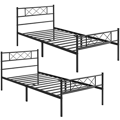 Yaheetech 2er Set Modern Metallbett Bettgestelle mit Lattenrost, Einzelbett, Bettrahmen mit Kopfteil, Gästebett Jugendbett 90 x 190 cm/Schwarz von Yaheetech