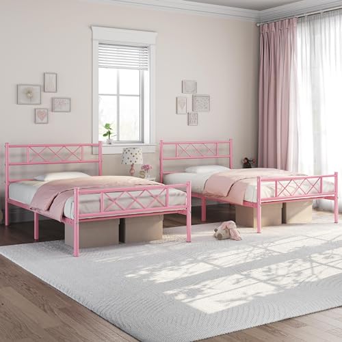 Yaheetech 2er Set Modern Metallbett Bettgestelle mit Lattenrost, Einzelbett, Bettrahmen mit Kopfteil, Gästebett Jugendbett 90 x 200 cm/Rosa von Yaheetech