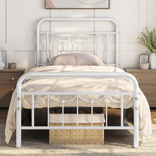 Yaheetech Bettrahmen 90 x 190 cm Einzelbett aus Metall, Bettgestell im Vintage-Stil, Retro Elegantes Metallbett mit Lattenrost & Hohem Kopfteil, Einfacher Aufbau Gästebett Jugendbett Weiß von Yaheetech