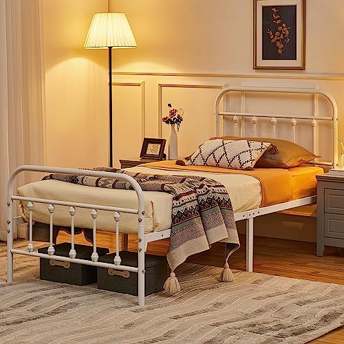 Yaheetech Bettrahmen Vintage Stil 90 x 190 cm Metallbett Bettgestell aus Metall mit Lattenrost, Modern Gästebett Jugendbett, Weiß von Yaheetech