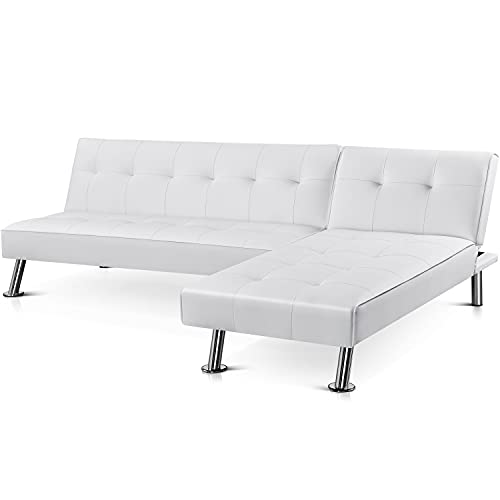 Yaheetech L-förmiges Sofa-Set Verstellbarer 4-Sitzer Sofa 2er Ecksofa Schlafsofa Schlafcouch Bettsofa Gästebett Klappsofa Ruhesessel mit Schlaffunktion im Wohnzimmer/Schlafzimmer weiß von Yaheetech