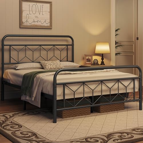 Yaheetech Metallbett 140 x 200 cm Vintage Bettrahmen mit Hohem Kopfteil, Bettgestell Moderner Minimalistischer Doppelbett mit Lattenrost & Stauraum unter dem Bett für Schlafzimmer Gästezimmer, Schwarz von Yaheetech