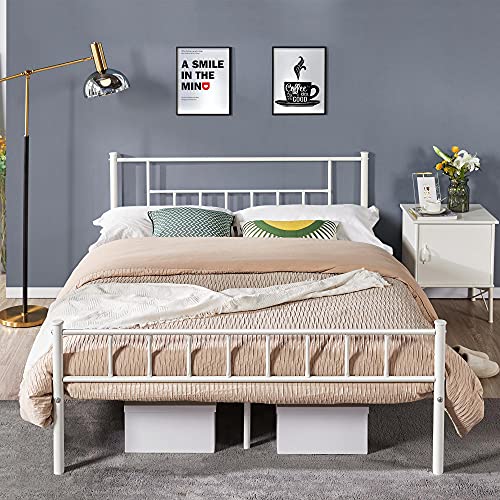 Yaheetech Metallbett 160 x 200 cm Bettrahmen mit Hohem Kopfteil, Einzelbett Bettgestell mit Lattenrost, Jugendbett mit Industriestil Gästebett Industriebett für Schlafzimmer Gästezimmer, Weiß von Yaheetech