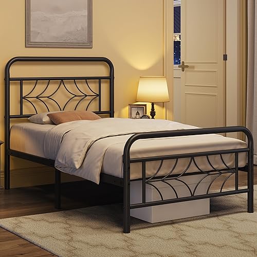 Yaheetech Bettrahmen mit Hohem Kopfteil & Fußteil, 90 x 190 cm Metallbett Einzelbett Bettgestell mit Lattenrost & Stauraum unter dem Bett, Jugendbett Rubuste Bettstellen für Schlafzimmer, Schwarz von Yaheetech